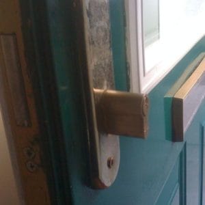 A euro cylinder incorrectly fitted on a front door