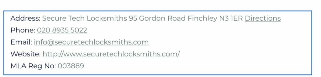 Contacts details for local locksmith