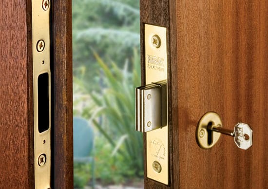 A lever operated mortice deadlock on wooden door