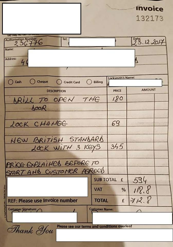 Locksmith ovecharged receipt