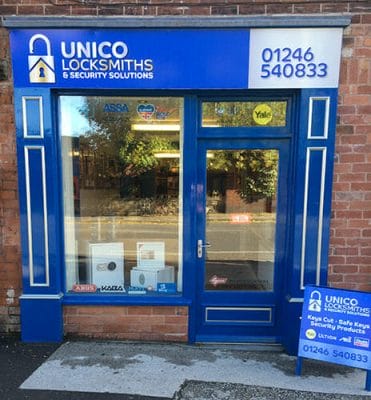 Outside Unico Locksmiths Shop in Chesterfield