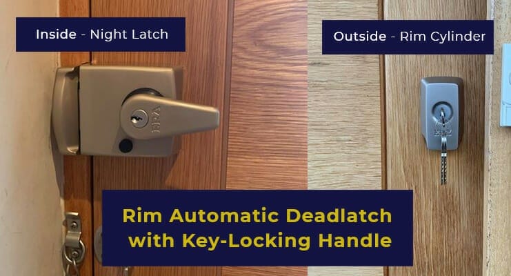 Rim automatic deadlatch with key handle fitted to Wooden door