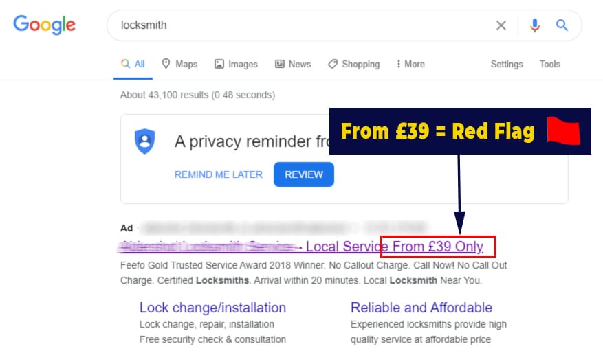 Bait and Switch Locksmith Price Scheme £39 Locksmith Advert