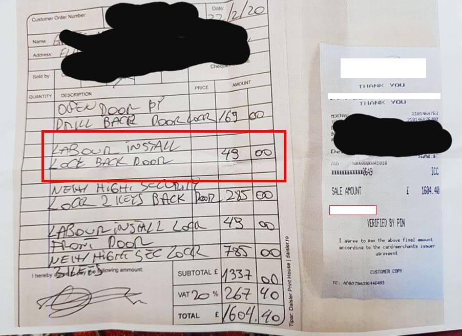 Locksmith Overcharged Receipt from Bait and Switch scheme