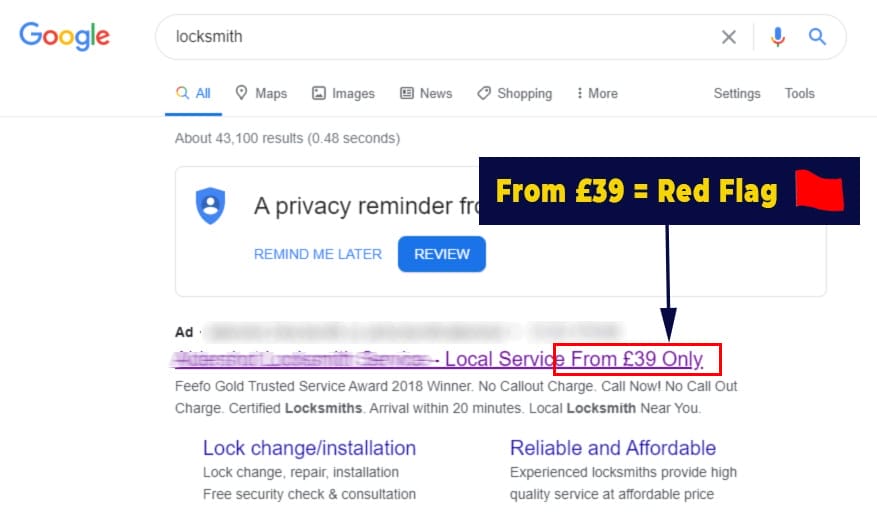 Red-Flag-hiring-a-locksmith-£39-locksmith-Google-Advert