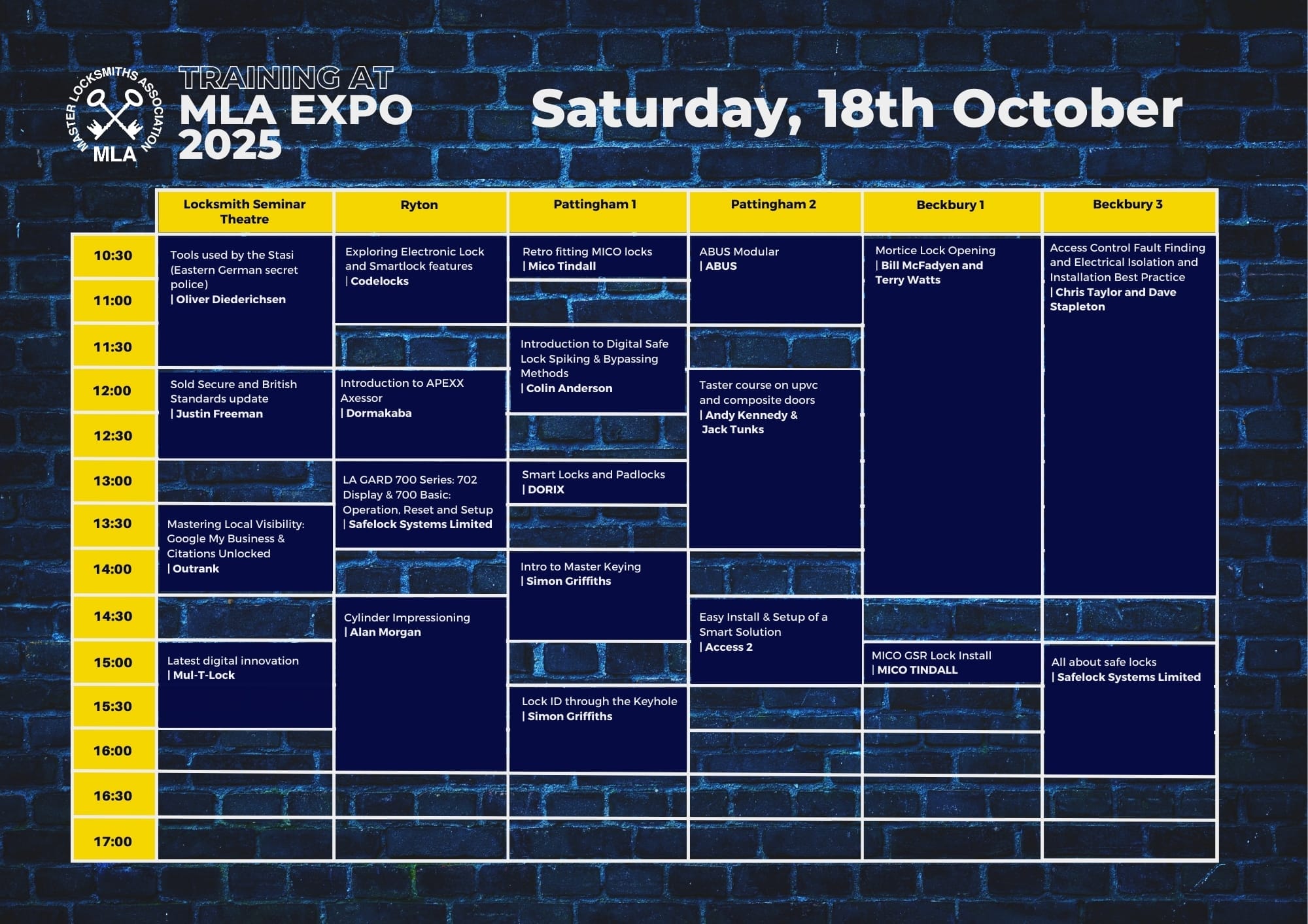 MLA Expo Training Timetable Saturday