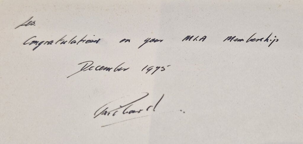 Handwritten note from Richard Sampey congratulating Les Towse on passing his MLA exam dated December 1975 him