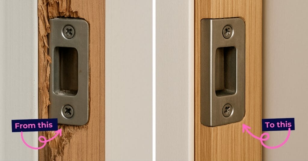 Before and after timber door frame repair around a strike plate.